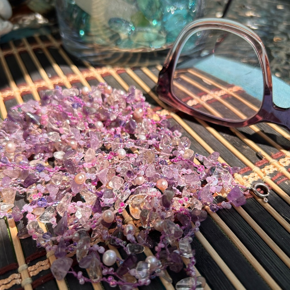 Amethyst, pearl cascading, tiered, necklace, - Picture 9 of 11
